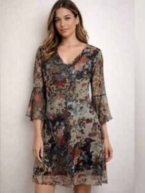 Expressions Floral Bell Sleeve Mini Dress Large Fairy Grunge Whimsigoth